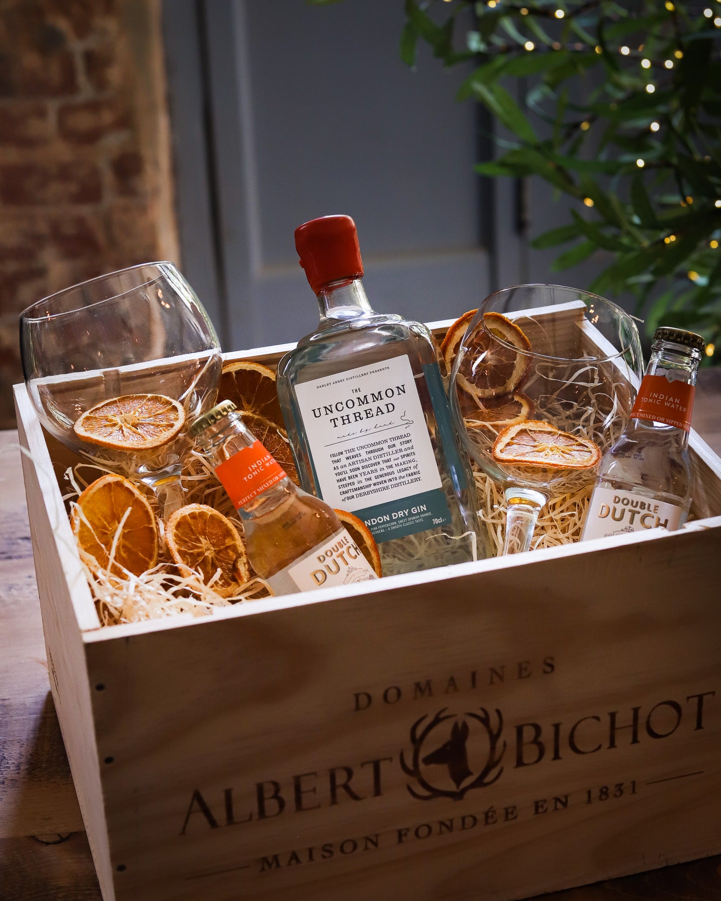 Limited edition gin gift set presented in a vintage wine box